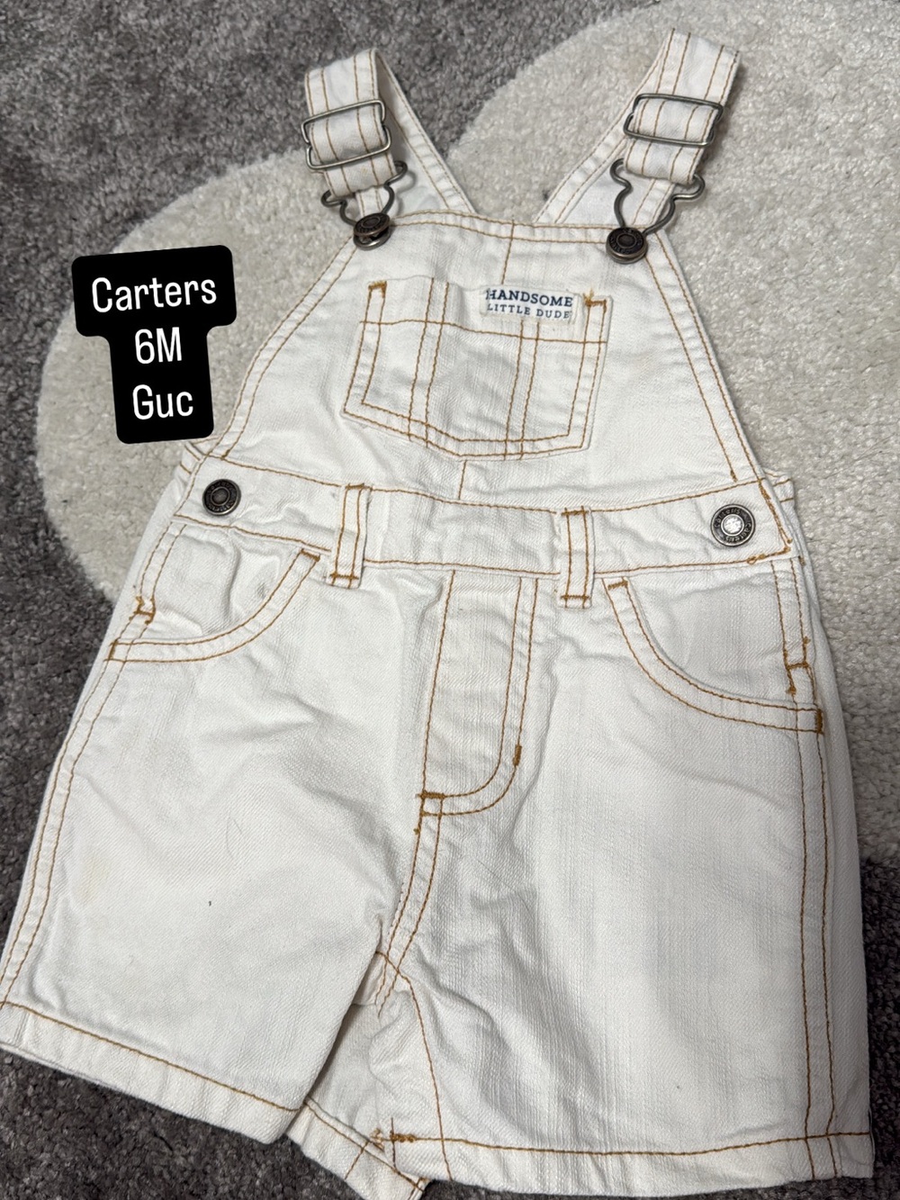 Carter's Cream Shortall Overalls with Contrast Stitching